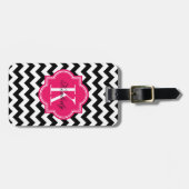Zwarte en witte Chevron met warmroze monogram Bagagelabel (Voorkant horizontaal)