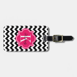Zwarte en witte Chevron met warmroze monogram Bagagelabel