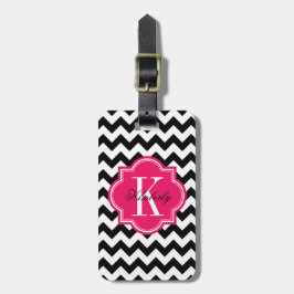 Zwarte en witte Chevron met warmroze monogram Bagagelabel