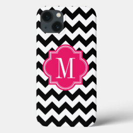 Zwarte en witte Chevron met warmroze monogram iPhone 13 Hoesje