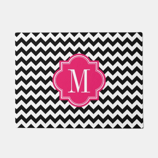 Zwarte en witte Chevron met warmroze monogram Deurmat (Voorkant)