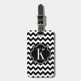Zwarte en witte Chevron met zwart monogram Bagagelabel