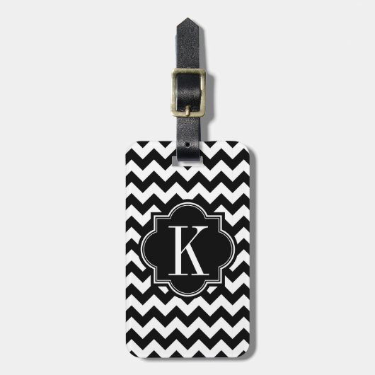 Zwarte en witte Chevron met zwart monogram Bagagelabel (Voorkant verticaal)