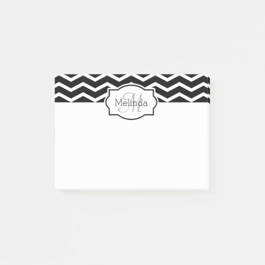 Zwarte en witte Chevron Naam Monogramed Post-it® Notes (Voorkant)
