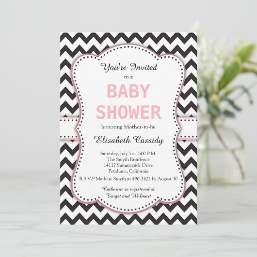 Zwarte en witte Chevron, roze, Baby shower Kaart (Staand voorkant)
