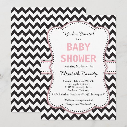 Zwarte en witte Chevron, roze, Baby shower Kaart (Voorkant / Achterkant)