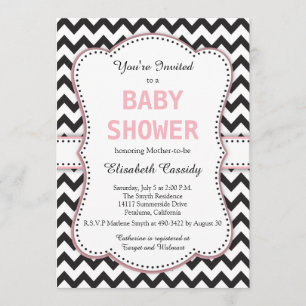 Zwarte en witte Chevron, roze, Baby shower Kaart