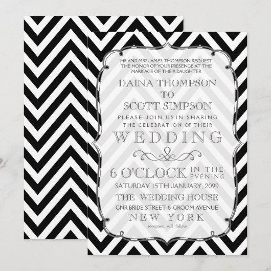  zwarte en witte Chevron Wedding Invite Kaart (Voorkant / Achterkant)