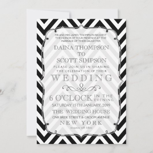 zwarte en witte Chevron Wedding Invite Kaart (Voorkant)