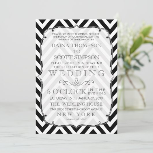 zwarte en witte Chevron Wedding Invite Kaart (Staand voorkant)