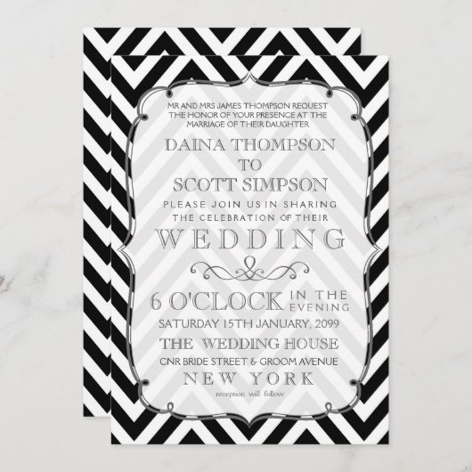  zwarte en witte Chevron Wedding Invite Kaart (Voorkant / Achterkant)