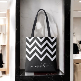 Zwarte en witte Chevrons met Monogram Tote Bag