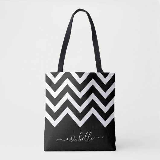 Zwarte en witte Chevrons met Monogram Tote Bag (Voorkant)