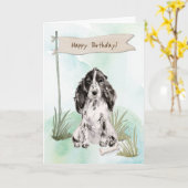 Zwarte en witte Cocker Spaniel Hond Onder Verjaard Kaart (Gele Bloem)