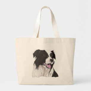 Zwarte en witte collie met bruine ogen grote tote bag