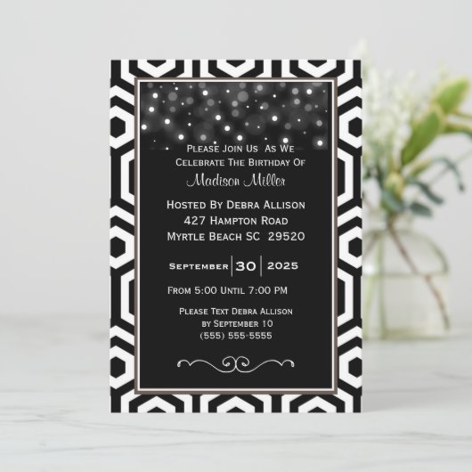 Zwarte en witte Confetti Birthday Party Kaart (Staand voorkant)