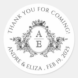Zwarte en Witte Crest Monogram Bedankt Ronde Sticker