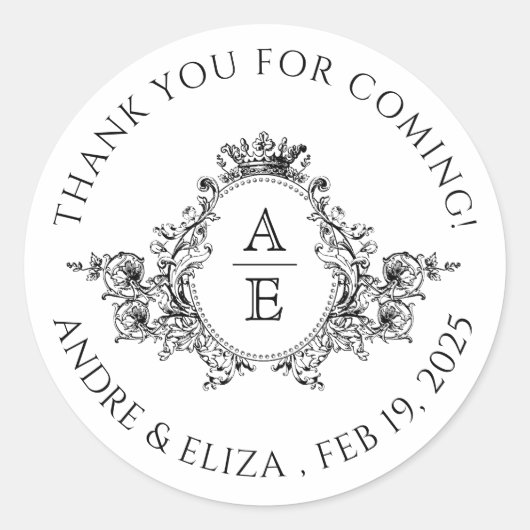 Zwarte en Witte Crest Monogram Bedankt Ronde Sticker (Voorkant)