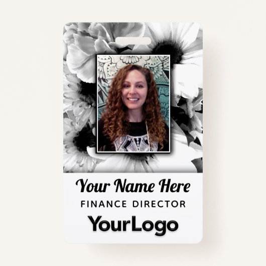 Zwarte en Witte Daisy Flowers Carnan Floral Foto Badge (Voorkant)