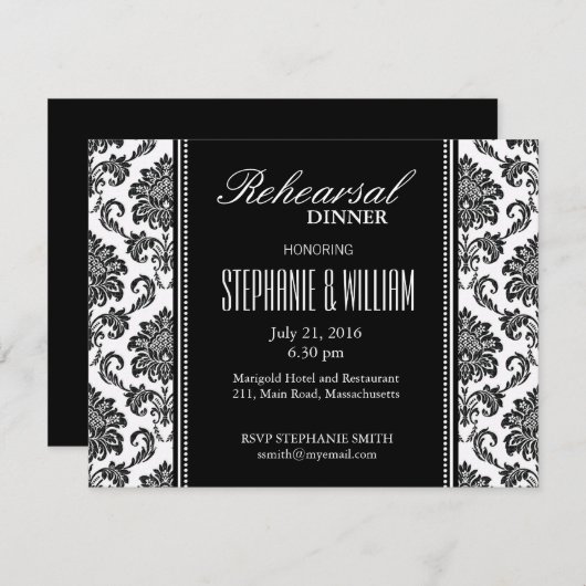 Zwarte en witte Damask-repetitie Dinner Kaart (Voorkant / Achterkant)