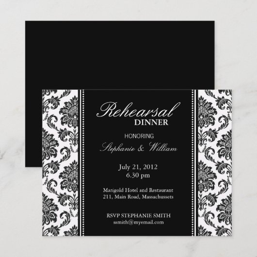 Zwarte en witte Damask-repetitie Dinner Kaart (Voorkant / Achterkant)