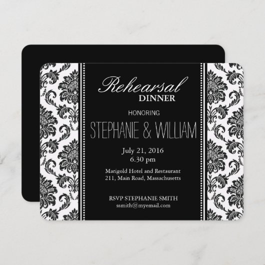 Zwarte en witte Damask-repetitie Dinner Kaart (Voorkant / Achterkant)