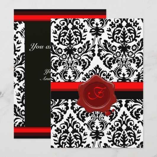 ZWARTE EN WITTE DAMASK, RODE WAX SEAL MONOGRAM GOL KAART (Voorkant / Achterkant)