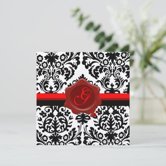 ZWARTE EN WITTE DAMASK, RODE WAX SEAL MONOGRAM GOL KAART (Staand voorkant)