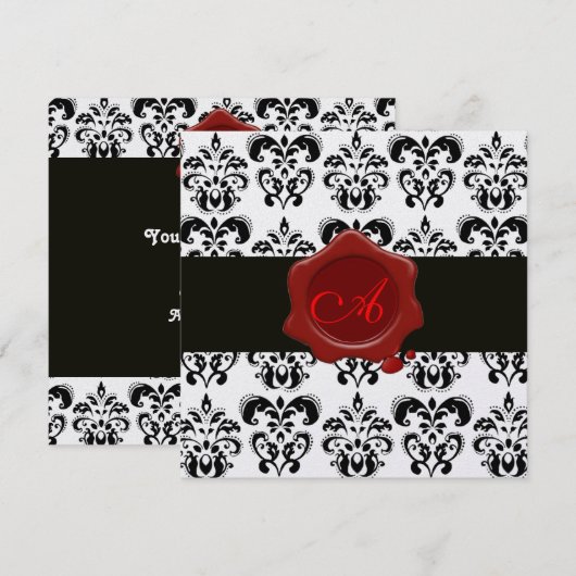 ZWARTE EN WITTE DAMASK, RODE WAX SEAL MONOGRAM Ice Kaart (Voorkant / Achterkant)