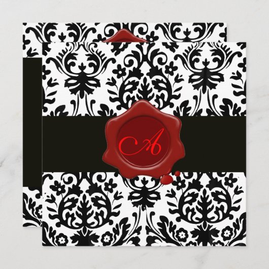 ZWARTE EN WITTE DAMASK, RODE WAX SEAL MONOGRAM Ice Kaart (Voorkant / Achterkant)