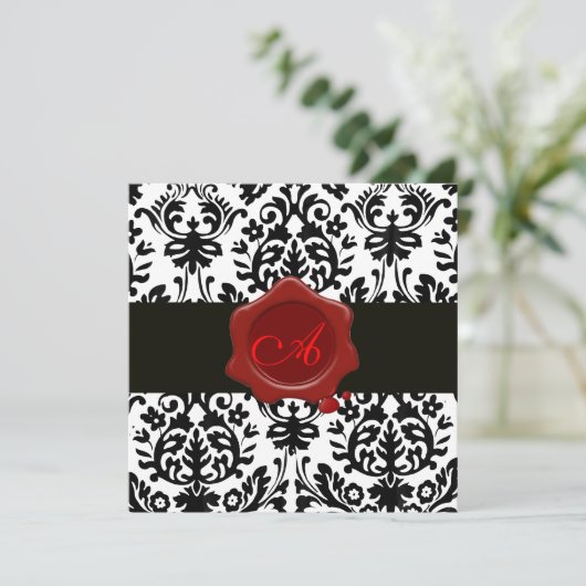 ZWARTE EN WITTE DAMASK, RODE WAX SEAL MONOGRAM Ice Kaart (Staand voorkant)