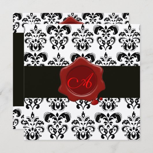 ZWARTE EN WITTE DAMASK, RODE WAX SEAL MONOGRAM Sil Kaart (Voorkant / Achterkant)