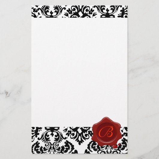 ZWARTE EN WITTE DAMASK, RODE WAXSEAL MONOGRAM BRIEFPAPIER (Voorkant)