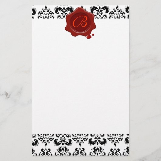 ZWARTE EN WITTE DAMASK, RODE WAXSEAL MONOGRAM BRIEFPAPIER (Voorkant)