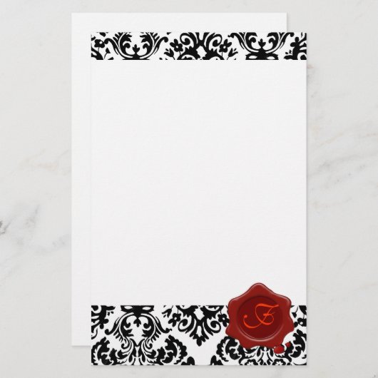 ZWARTE EN WITTE DAMASK, RODE WAXSEAL MONOGRAM BRIEFPAPIER (Voorkant / Achterkant)