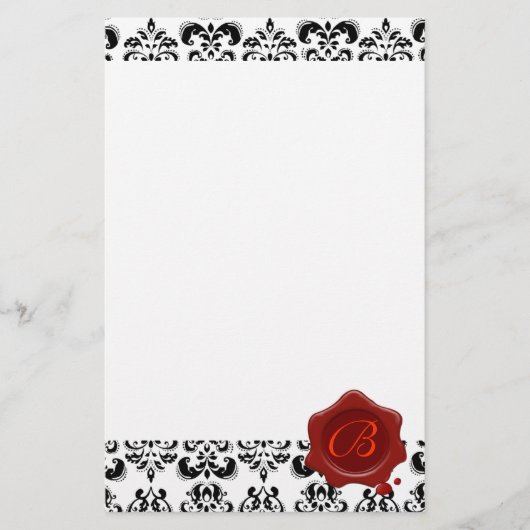 ZWARTE EN WITTE DAMASK, RODE WAXSEAL MONOGRAM BRIEFPAPIER (Voorkant)