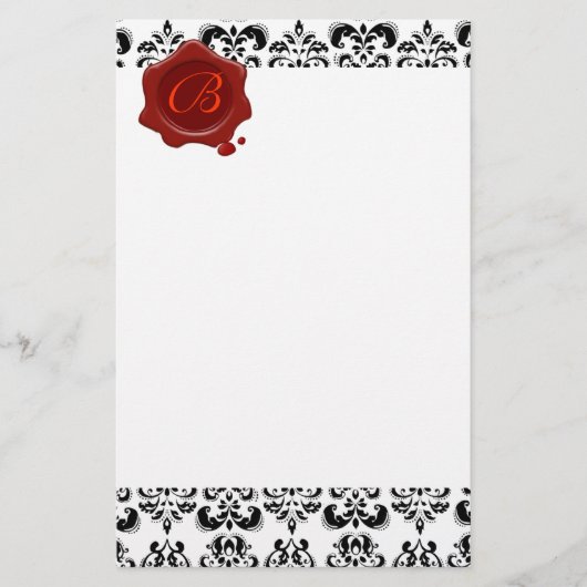 ZWARTE EN WITTE DAMASK, RODE WAXSEAL MONOGRAM BRIEFPAPIER (Voorkant)