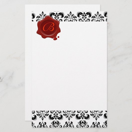 ZWARTE EN WITTE DAMASK, RODE WAXSEAL MONOGRAM BRIEFPAPIER (Voorkant / Achterkant)
