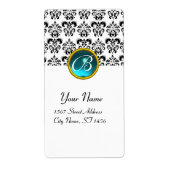 ZWARTE EN WITTE DAMASKMONOGRAM, blauwe aquamarine Etiket (Voorkant)