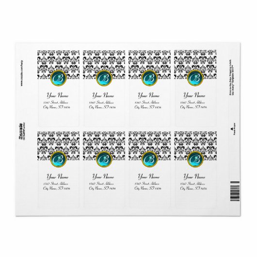 ZWARTE EN WITTE DAMASKMONOGRAM, blauwe aquamarine Etiket (Full Sheet)