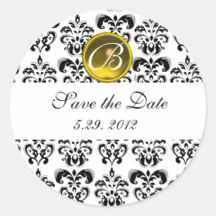 ZWARTE EN WITTE DAMASKMONOGRAM gele topaz Ronde Sticker