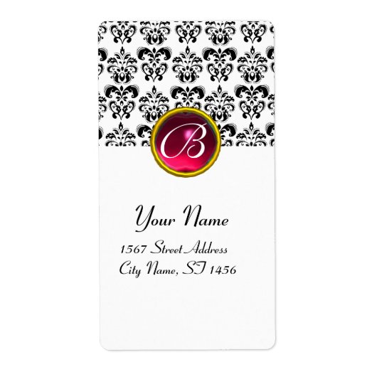 ZWARTE EN WITTE DAMASKMONOGRAM, rode roze ruby Etiket (Voorkant)