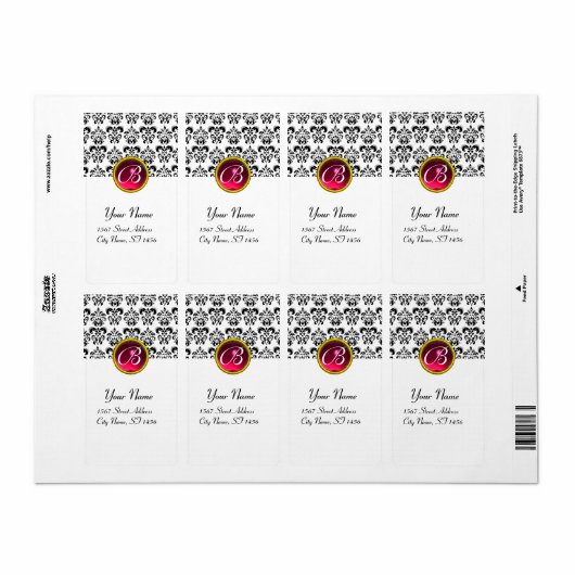 ZWARTE EN WITTE DAMASKMONOGRAM, rode roze ruby Etiket (Full Sheet)