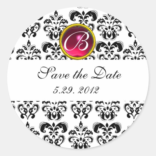 ZWARTE EN WITTE DAMASKMONOGRAM, ruby Ronde Sticker (Voorkant)