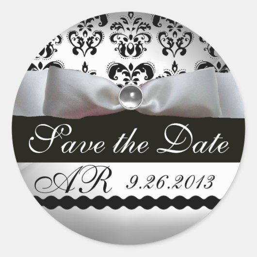 ZWARTE EN WITTE DAMASKRIBBON MONOGRAM Gemstone Ronde Sticker (Voorkant)
