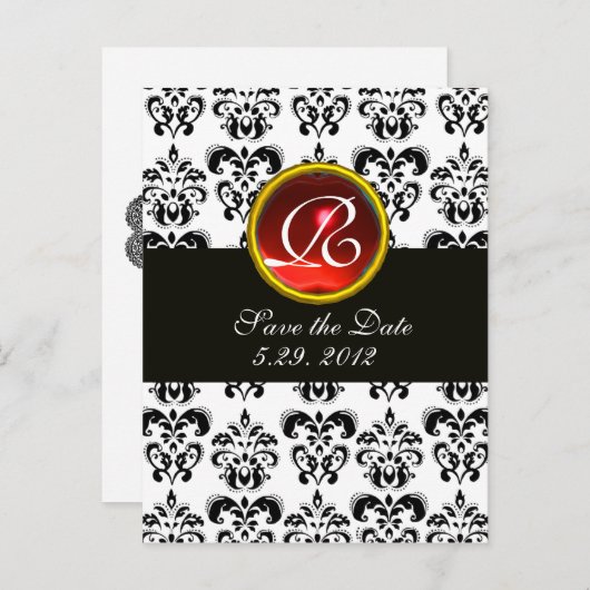 ZWARTE EN WITTE DAMASKRODE RUBY-MONOGRAM AANKONDIGINGSKAART (Voorkant / Achterkant)