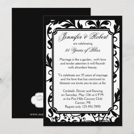 Zwarte en Witte Damast Huwelijksjubileum Chic Kaart (Voorkant / Achterkant)