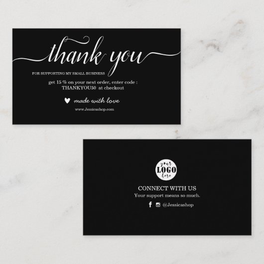 Zwarte en Witte dank voor uw kaart voor bestelverp Visitekaartje (Voorkant / Achterkant)
