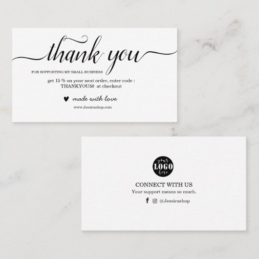 Zwarte en Witte dank voor uw kaart voor bestelverp Visitekaartje (Voorkant / Achterkant)