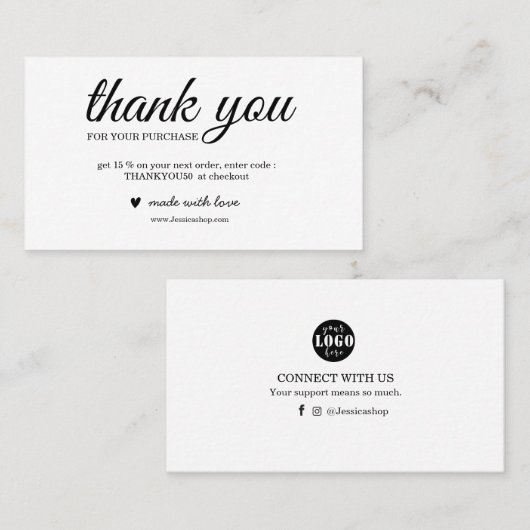 Zwarte en Witte dank voor uw kaart voor bestelverp Visitekaartje (Voorkant / Achterkant)
